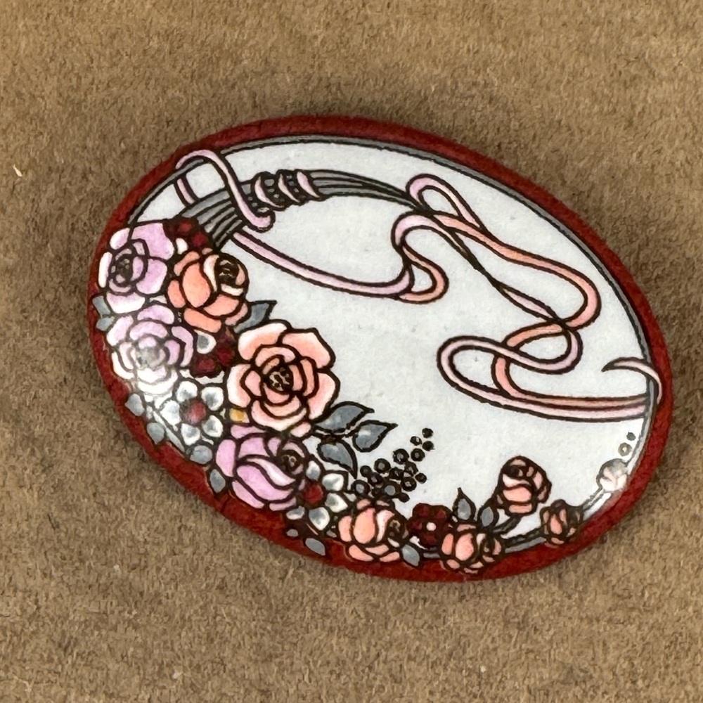 Vintage Michaela Frey Enamel Art Nouveau Broach Roses and Ribbons Floral scene